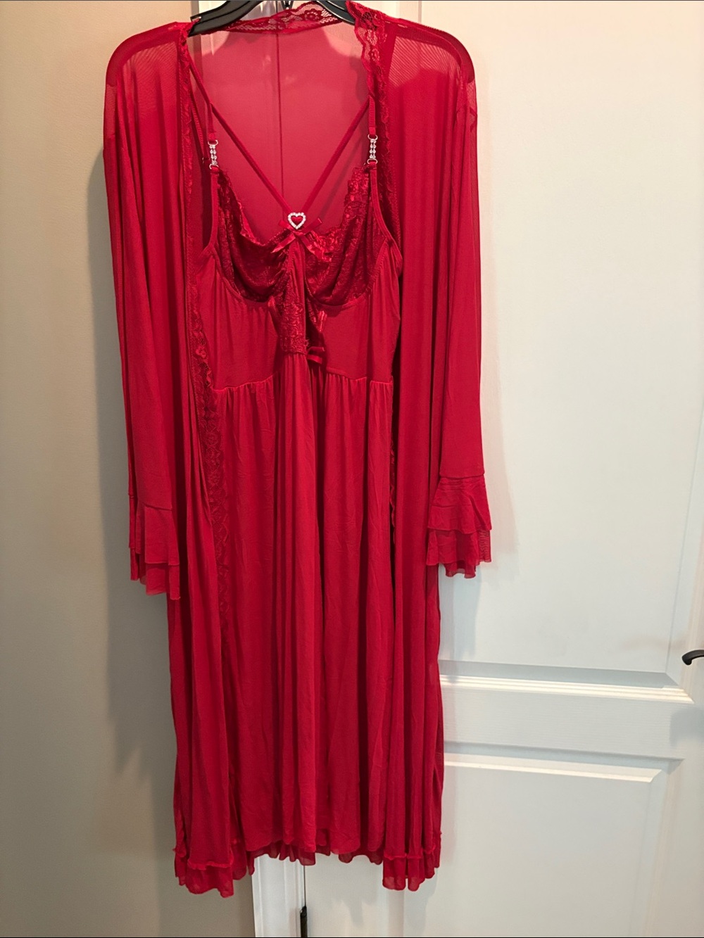 SHEIN Red Lace-Trim Chemise and Matching Robe Set
